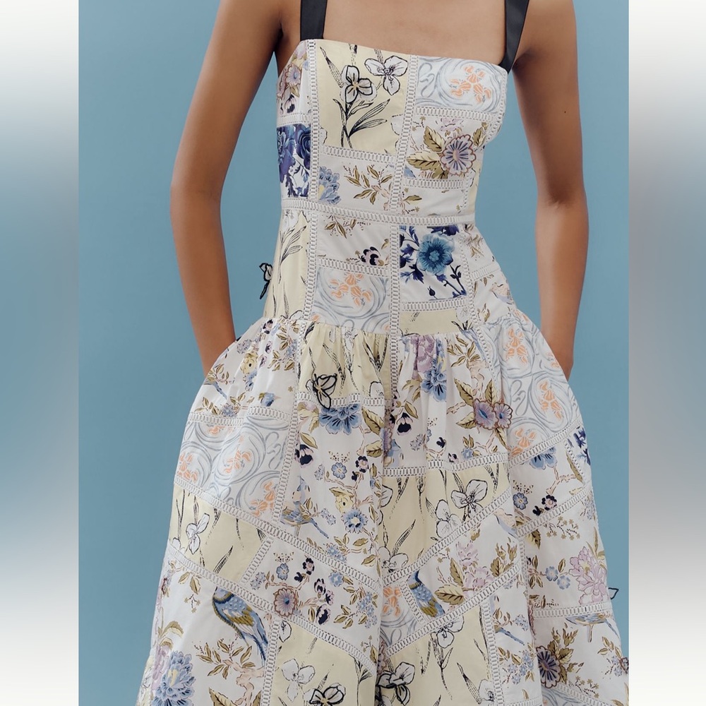 Maeve Cotton Sleeveless Square-Neck Tile Printed Patchwork Midi Dress - Picture 5 of 9